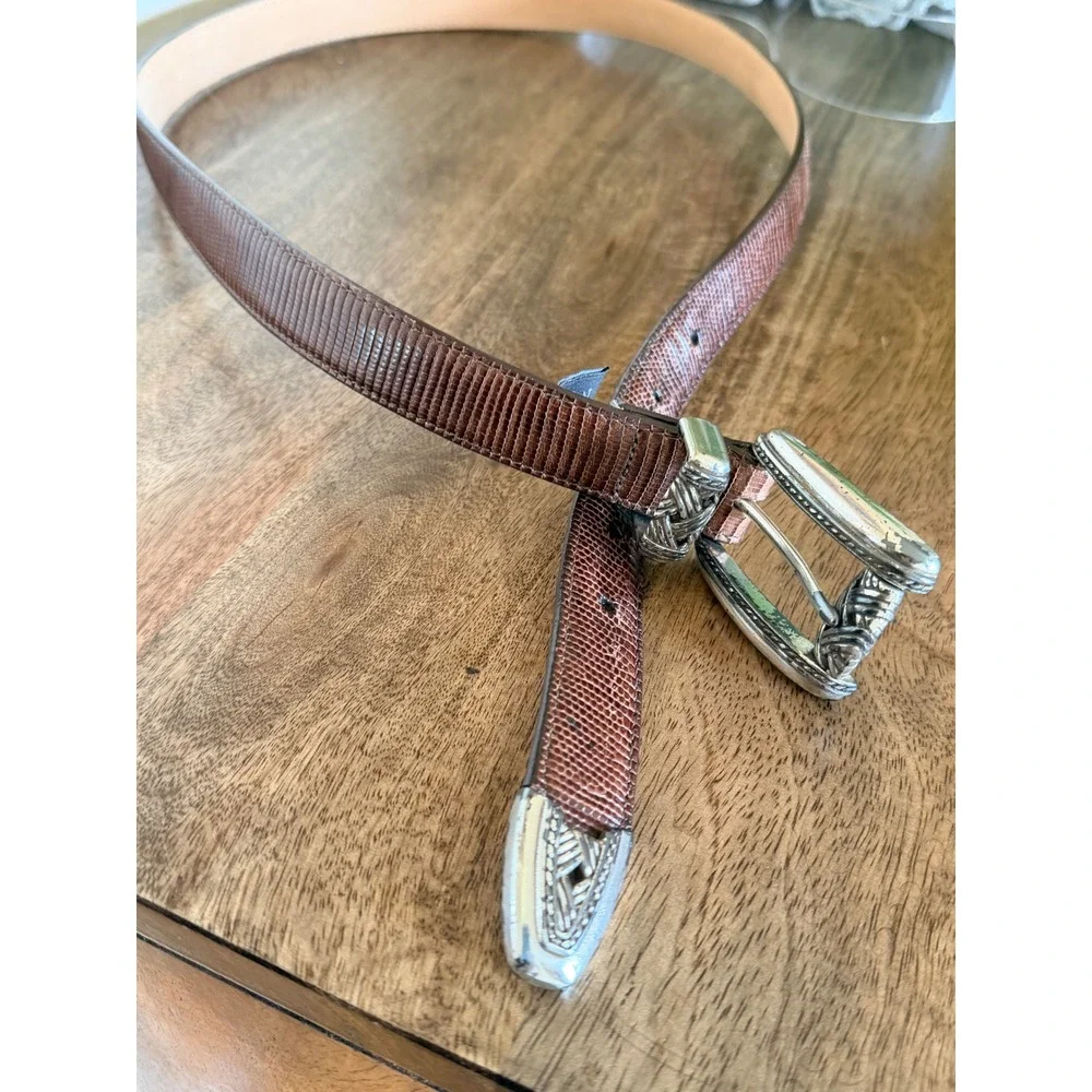Brighton Womens Brown Lizard Embossed Leather Belt Size L Silver Buckle Western